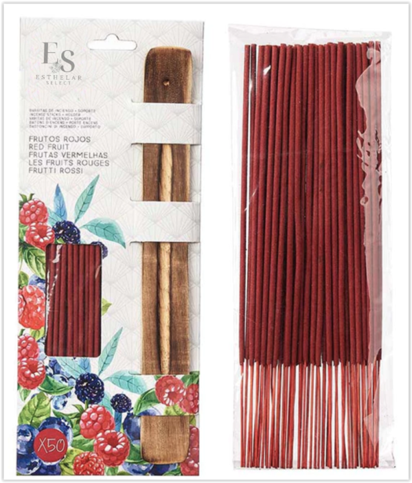 Kit de 50 Varillas de Incienso Natural de Frutos Rojos + Quemador de Madera para Sahumerio Limpieza Energética de Larga Duración (50 min)